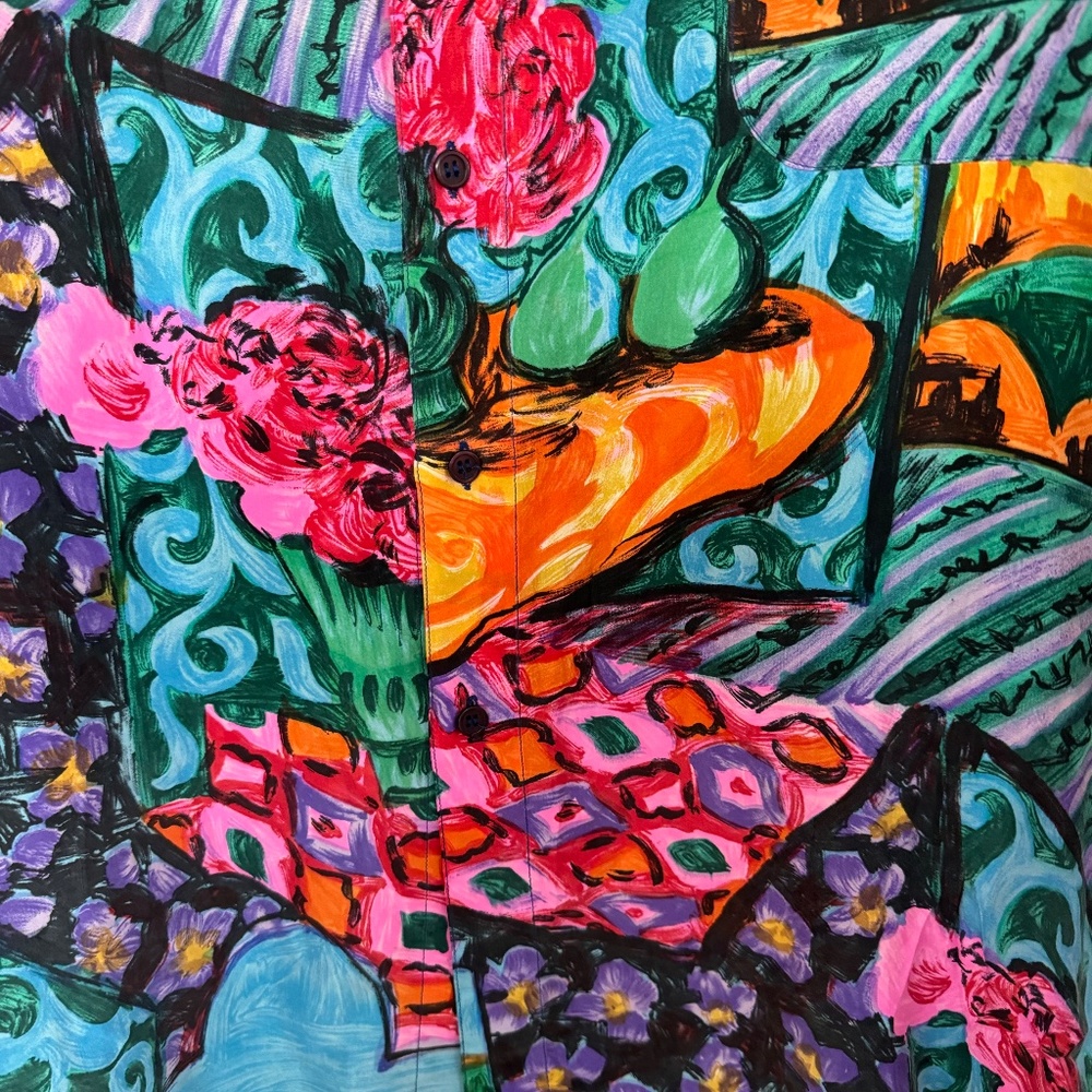 Vintage Silk Club Shirt Mens Large Colorful Floral Landscape Art AOP Button Up - Picture 5 of 11